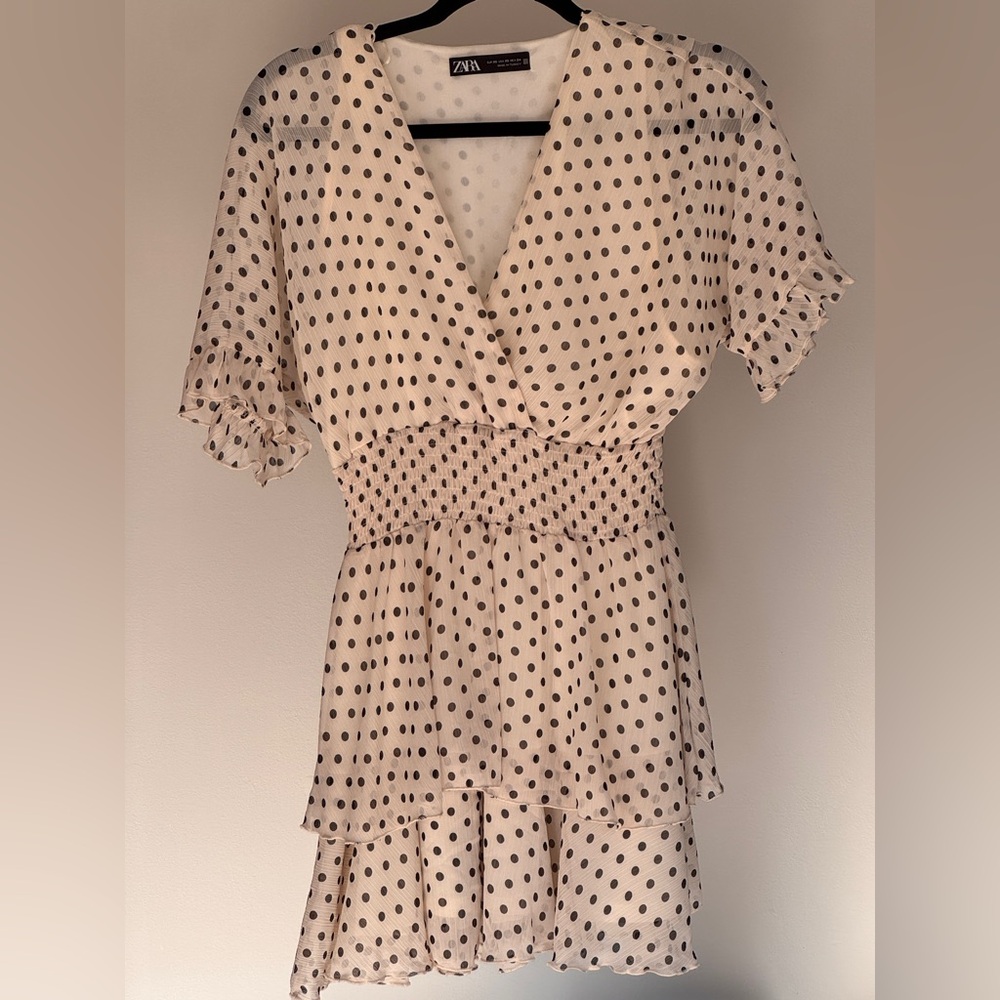 Zara Cream and Brown Ruffled Wrap Midi Dress